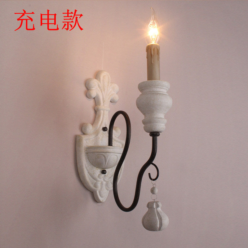 American retro wall lamp - cordless charging, solid wood, french style for living room, bedroom, bedside, hallway, stairway, candle wall sconce