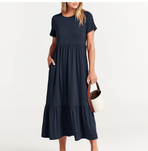 Spot 2024 new women's clothing   explosion temperament round neck pleated solid color pendulum dress