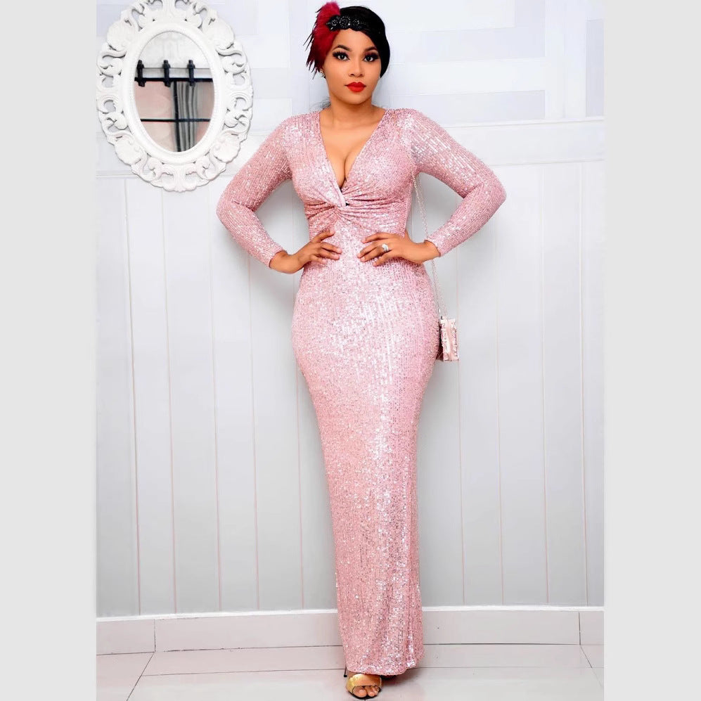 e-commerce african women's clothing, multi-color v-neck sequin long-sleeved mermaid evening gown, european and american style dress