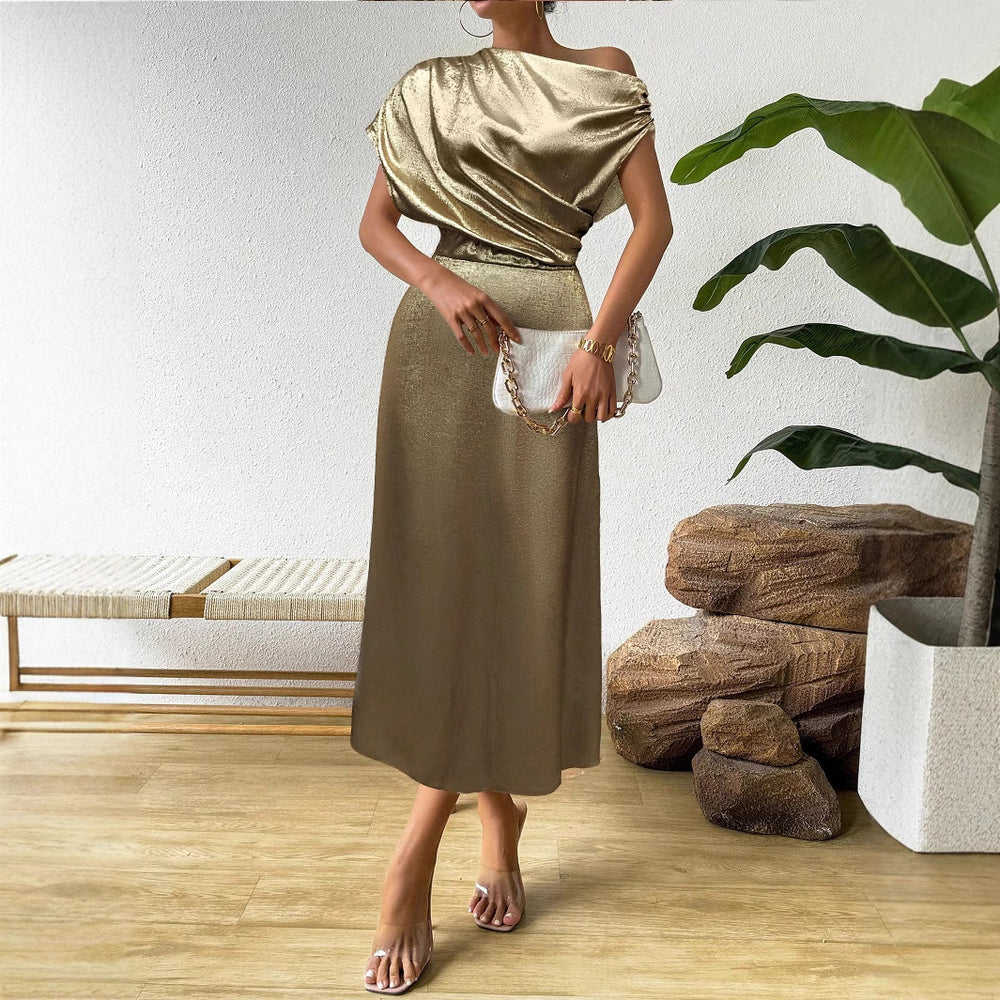 spring/summer european and american women's clothing cross-border  new style  solid color satin dress