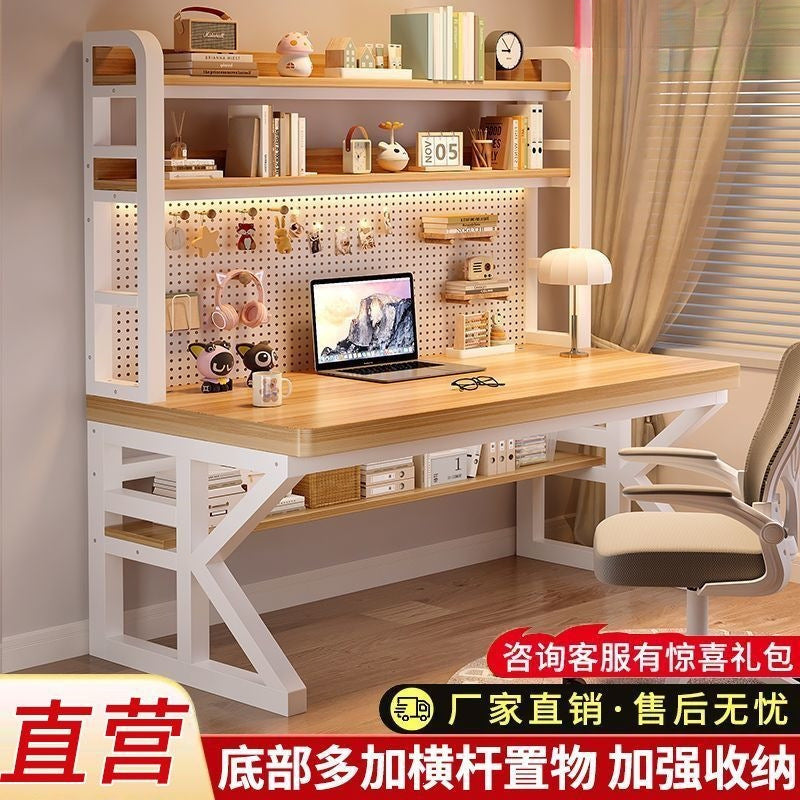 Thickened solid wood desk computer desk for home hole desk bookshelf table all-in-one combination student bedroom office desk