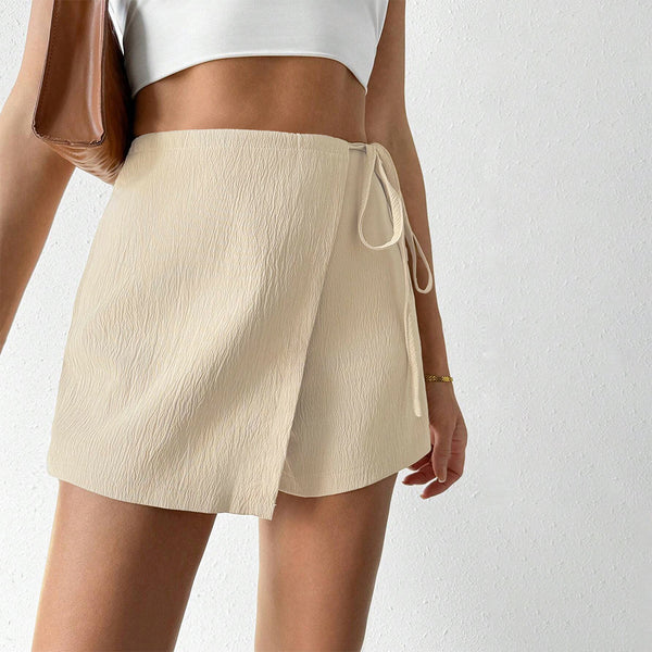 ins European and American  woven fabric design sense, front width and piece design, side waist lace-up hip skirt pants