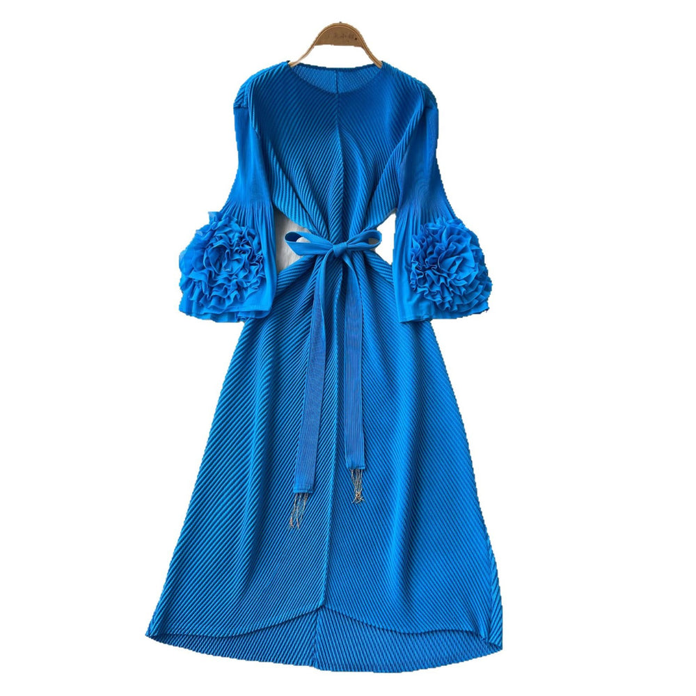 European and american fashion 3d floral flared sleeve tie-waist pleated maxi dress - slimming, elegant, and flowy