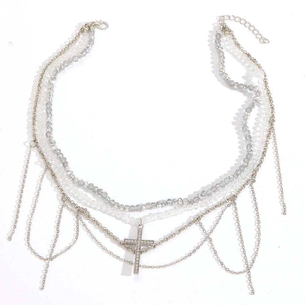 hot-selling tassel diamond-encrusted cross pendant necklace for women, niche hip-hop design, multi-layered wrapped collarbone chain