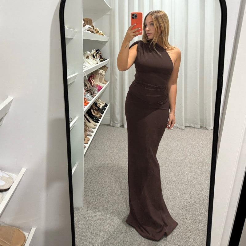 European and american women's clothing  spring new arrival: elegant solid color one-shoulder sleeveless bodycon ruched panel bodycon dress