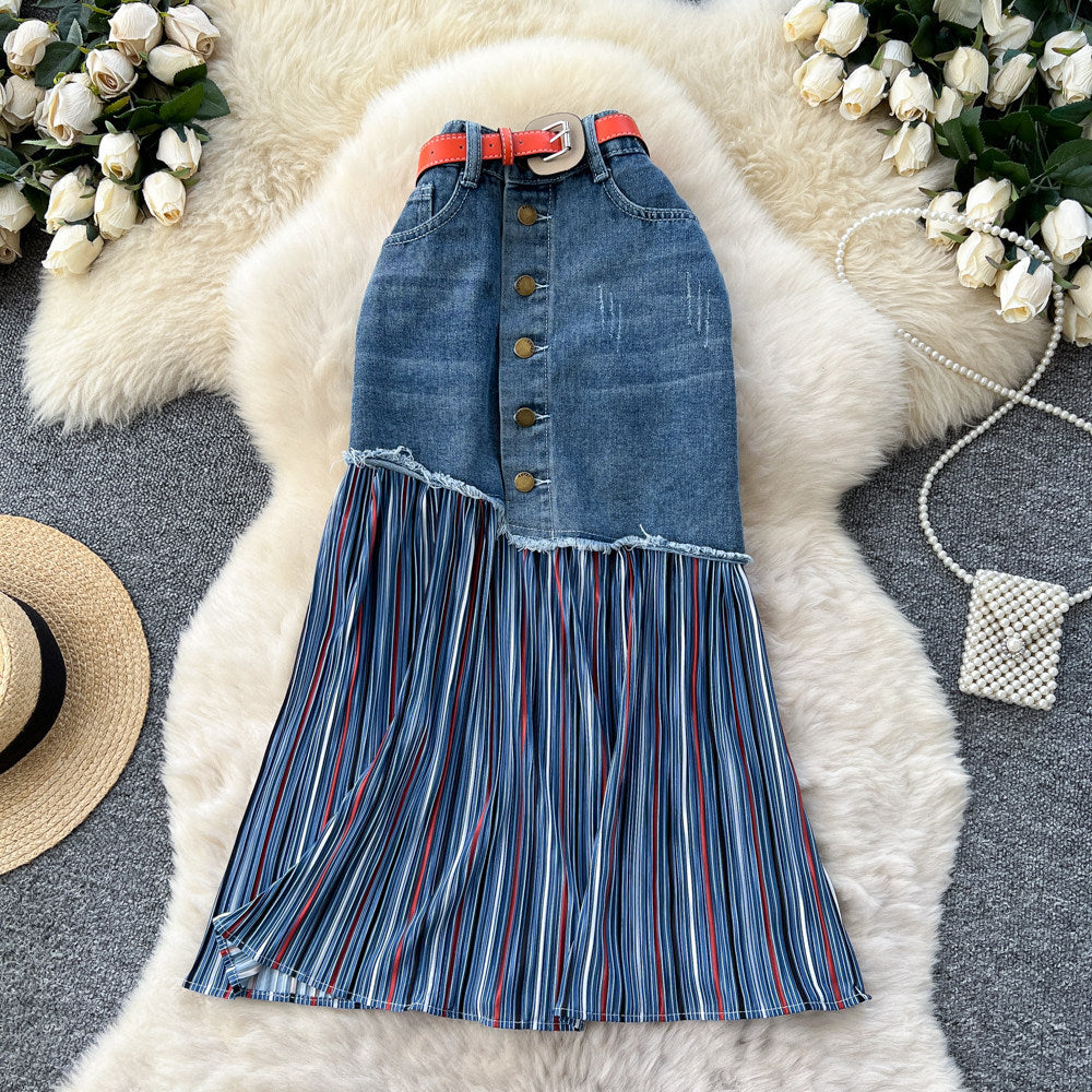 Korean style patchwork striped color block denim midi skirt - women's designer high waist slimming a-line skirt - versatile workwear