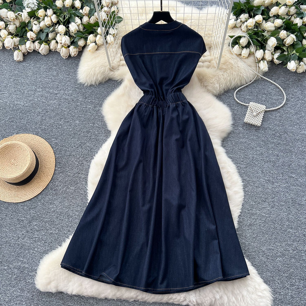 Frenchretrov neck metal buckle topstitch waist elegant sleeveless dress women's summer slimming lookelegance denim long skirt