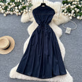 Frenchretrov neck metal buckle topstitch waist elegant sleeveless dress women's summer slimming lookelegance denim long skirt