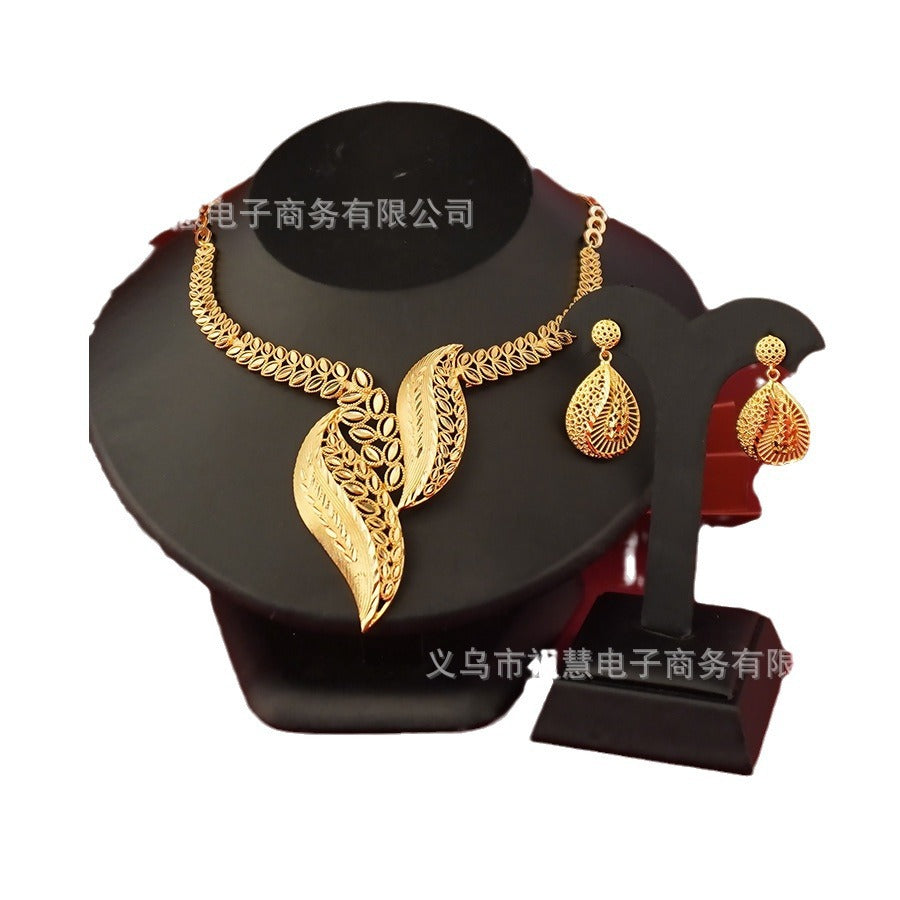 Hollow jewelry tassel suit gold plated elegance leaf earrings, women's classy accessories leaf necklace pendant
