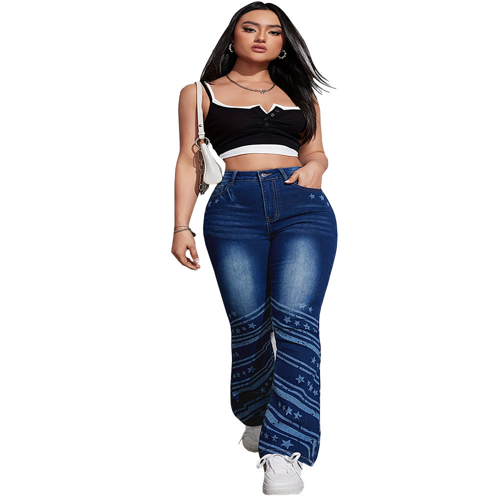 European and american style women's jeans -  cross-border winter fashion streetwear high-waisted printed stretch casual pants