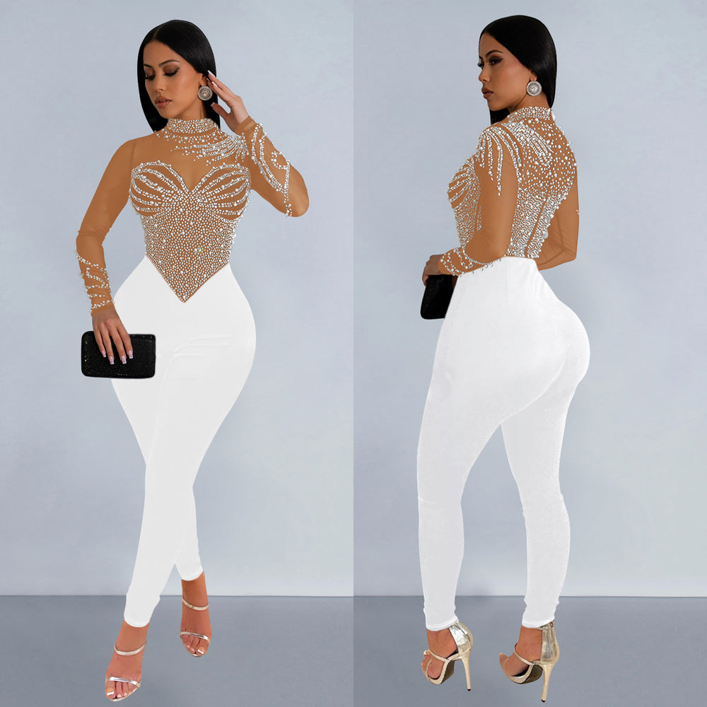 C6912 cross-border   fashion women's solid color mesh rhinestone long sleeve pants jumpsuit