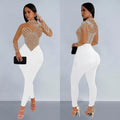 C6912 cross-border   fashion women's solid color mesh rhinestone long sleeve pants jumpsuit