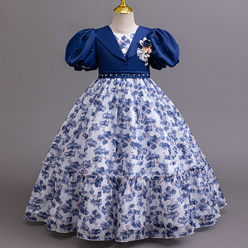 New wholesale children's dress, puff sleeve chiffon floral princess dress, girls' birthday dress, kids dress