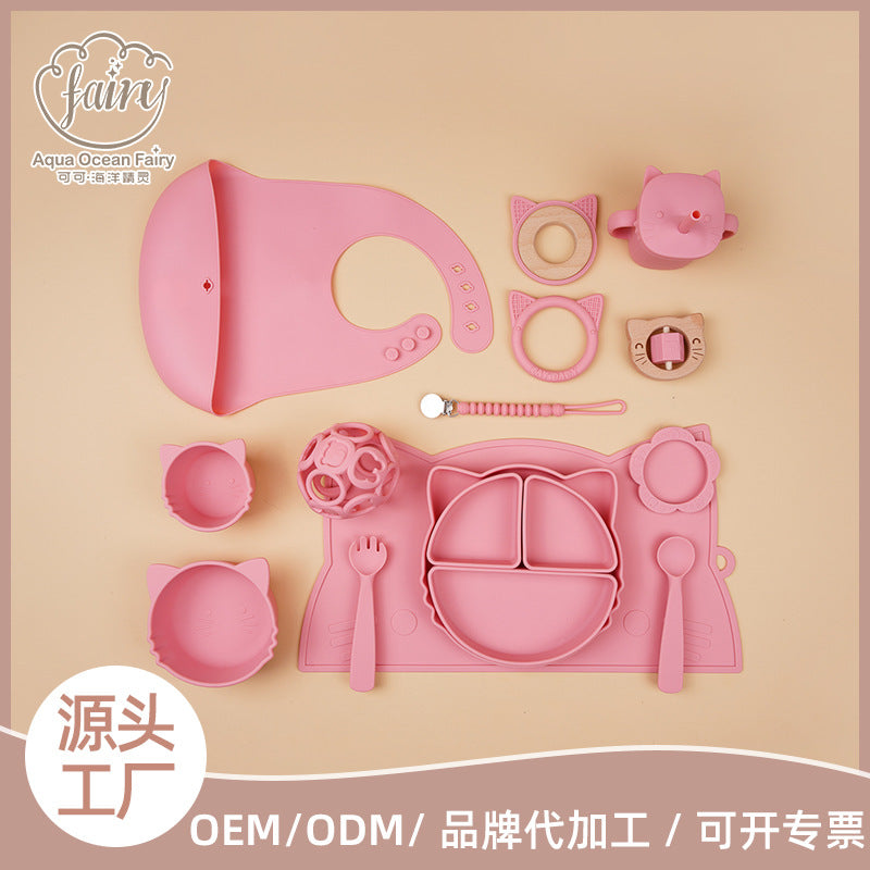 Customized portable silicone saliva pocket, spoon, suction cup, bowl 12-piece set, children's eating training tableware set manufacturer