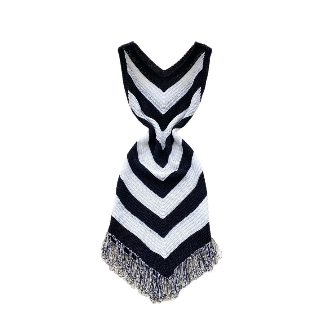 Women's vacation outfit: summer retro color block argyle slim fit asymmetrical tassel dress