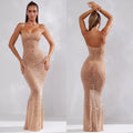 C6726 cross-border   fashion women's solid color mesh rhinestone suspender maxi dress