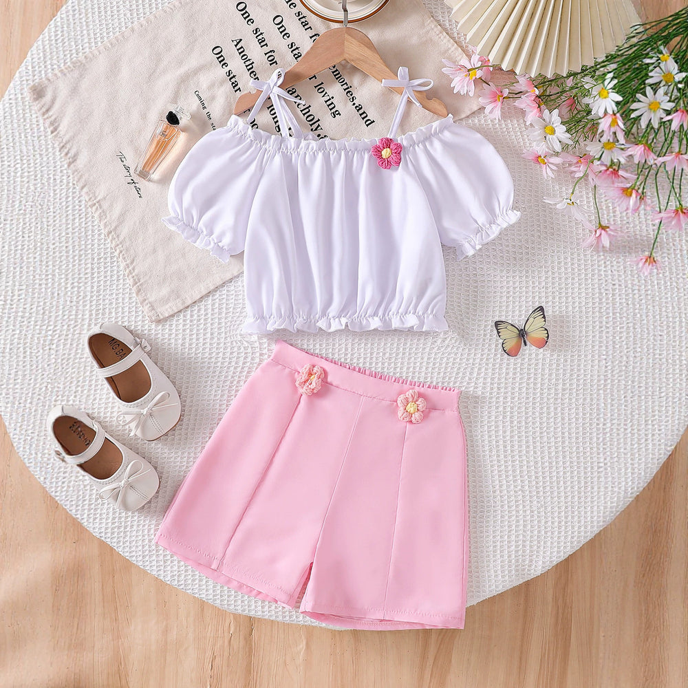 Girls' off-the-shoulder puff sleeve floral cami and shorts set - summer kids' sweet floral casual outfit