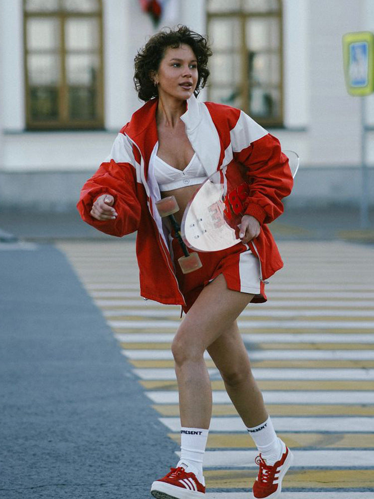 European and American loose casual women's clothing fashion contrasting colors long-sleeved sports cardigan cardigan cardigan shorts two-piece set women's suit women
