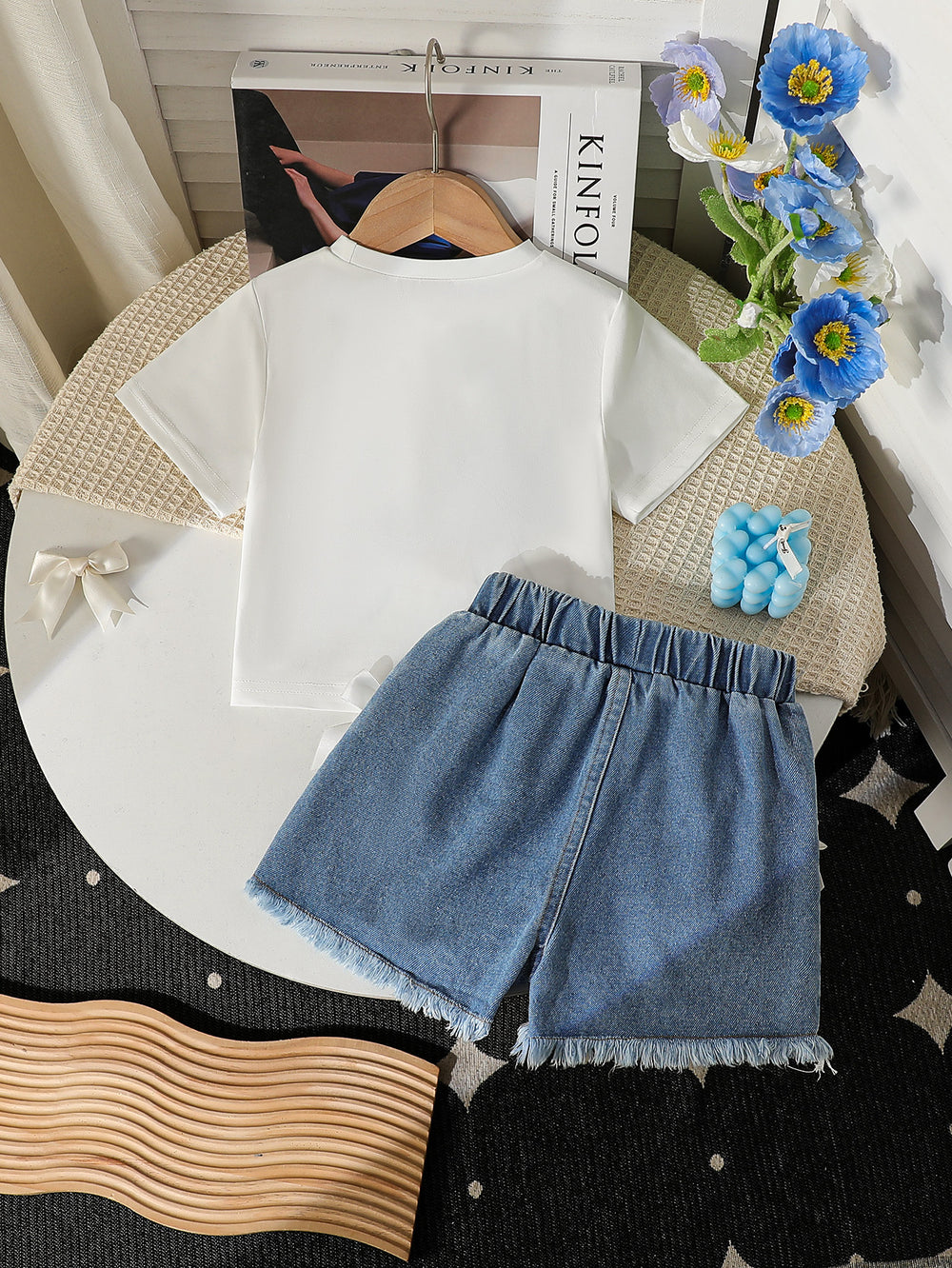 new cross-border girls' round neck printed knit top and denim beaded embroidered jeans two-piece set