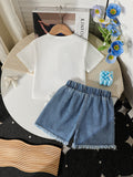 new cross-border girls' round neck printed knit top and denim beaded embroidered jeans two-piece set
