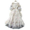 Sweet and lovely pink mesh dress for women, perfect for summer. features an off-the-shoulder design, puff sleeves, a high waist, and an a-line silhouette. an ethereal, fairy-tale style