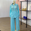 European and american cross-border women's fashion  autumn new arrival casual lace loose see-through long sleeve shirt wide leg pants set