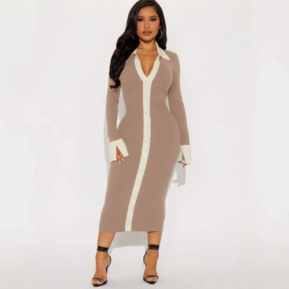 european and american  autumn/winter new arrival: elegant high-waisted long-sleeve color block knit dress for women - cross-border e-commerce