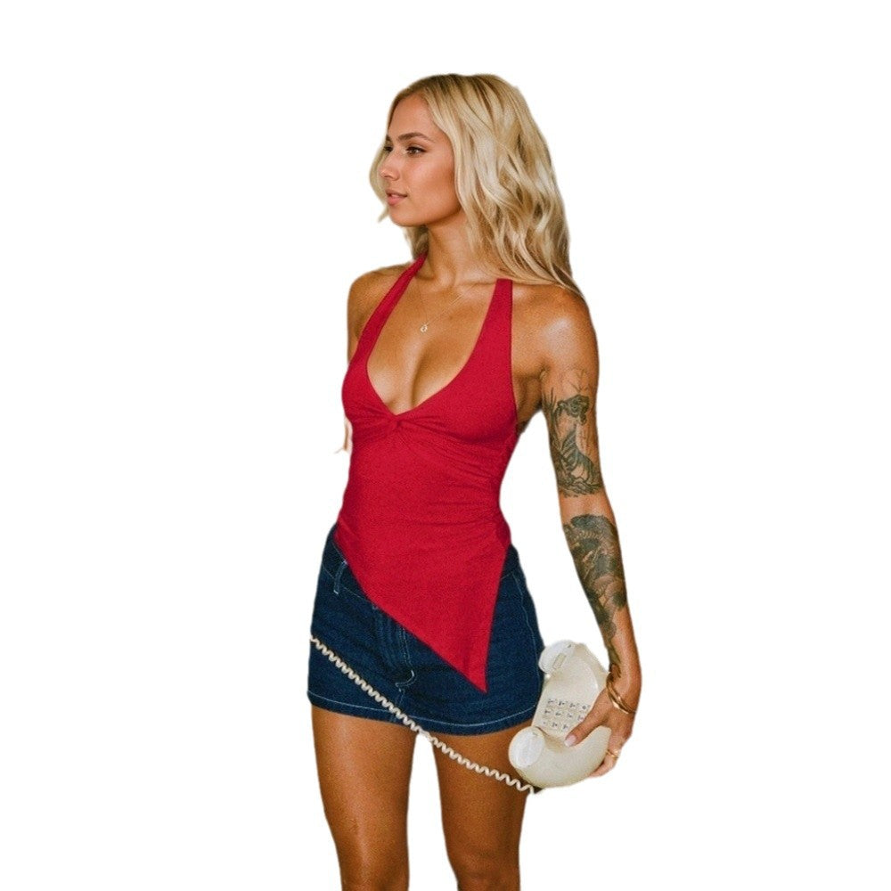 spring/summer new arrival: cross-border women's fashion - european & american sexy v-neck slim-fit camisole, short halter neck sleeveless top