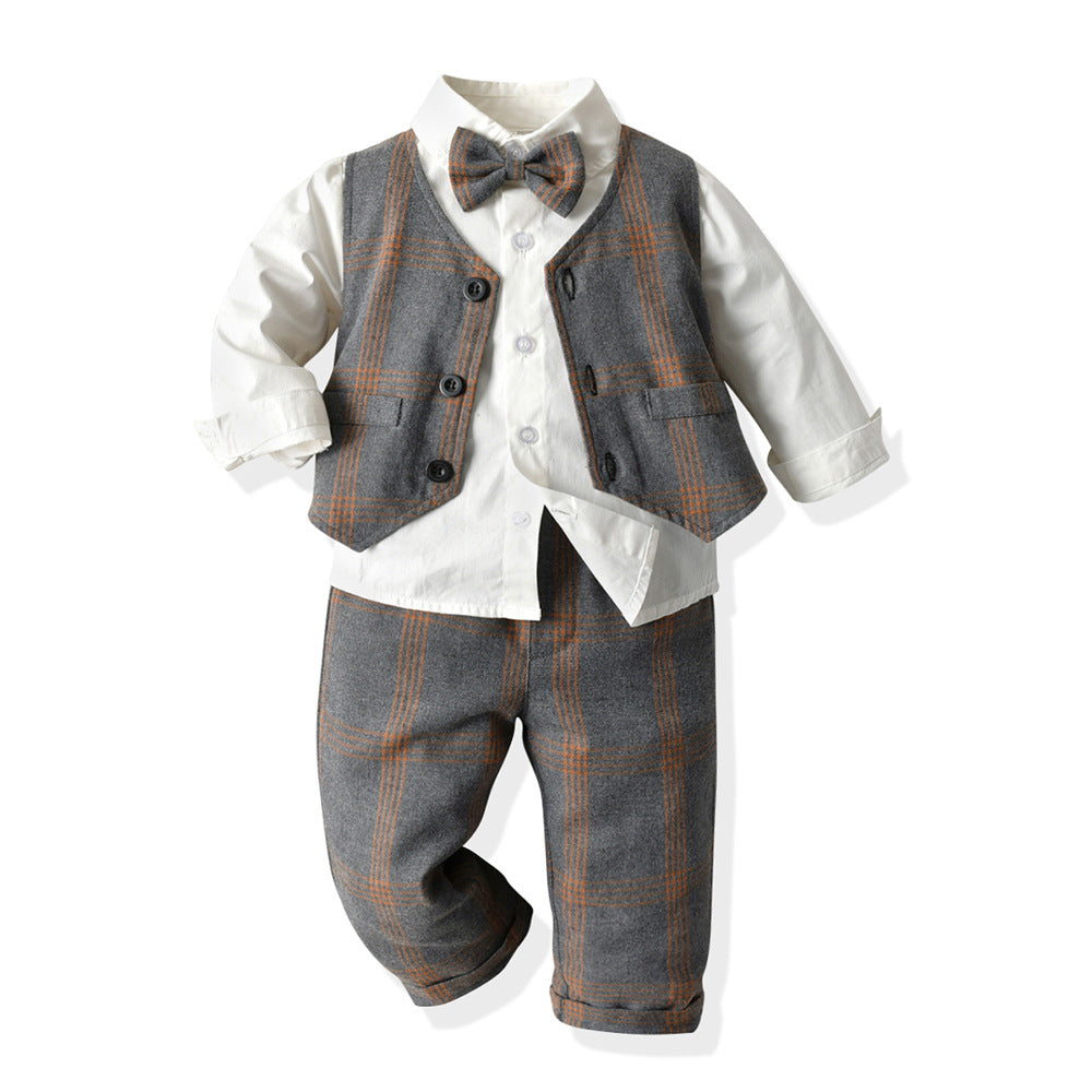 Wholesale children's gentleman outfit: new spring plaid vest set for boys - perfect for birthdays and first birthday celebrations