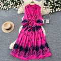 Lightly mature elegance style lantern sleeve printingdress women's springlong sleeves waist tie backa-line mid-length skirt holiday style