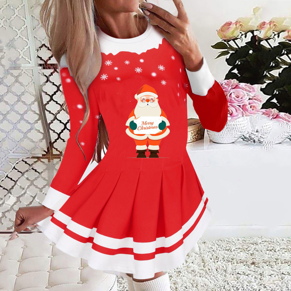 2025 european and american cross-border women's autumn/winter printed round neck long sleeve pleated party dress - european and american style