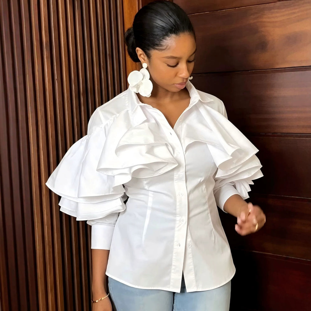 New arrivalfashionsense shirt collar tops multi-layer ruffles waist pure cottonwork clothingeasiest for matchshirt
