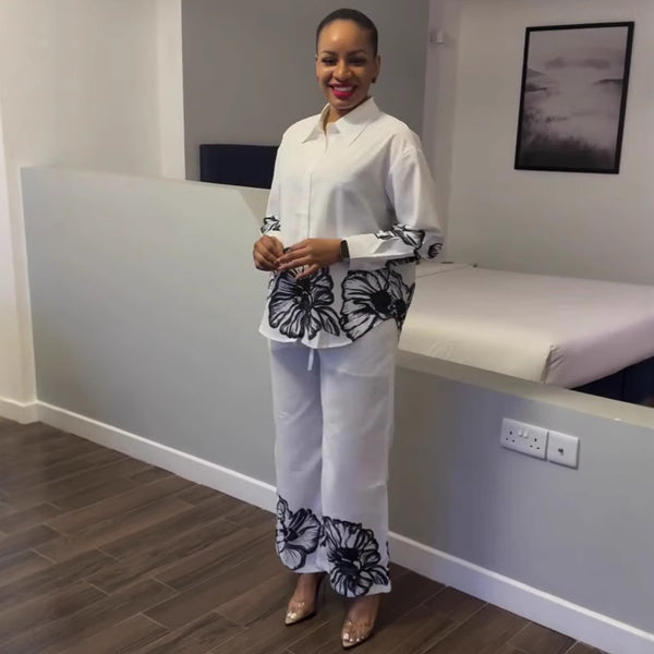 European and American women's clothing long-sleeved lapel positioning printed cardigan shirt set women's African casual trousers new two-piece set