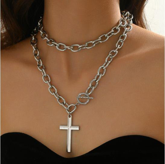 hot-selling simple stacked cross pendant necklace niche high-end exaggerated thick chain clavicle chain accessories