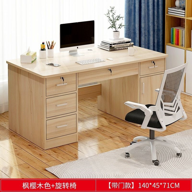 Office desk with lock, workstation with drawers, desk and chair set for employees, home desktop minimalist computer desk