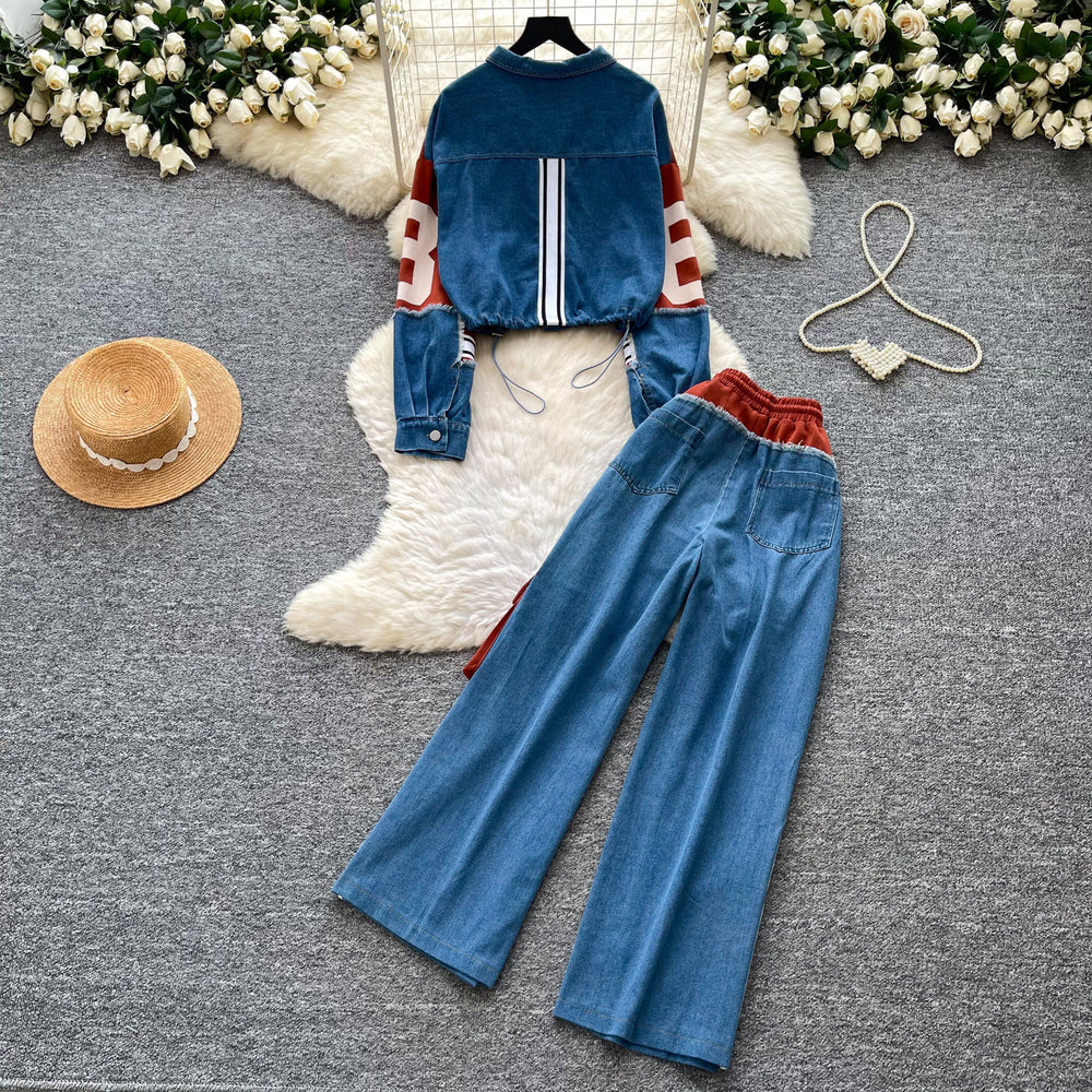Vintage patchwork denim slim-fit two-piece set - women's spring/autumn high-waisted, slimming, effortless, and stylish loose-fit outfit