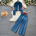 Vintage patchwork denim slim-fit two-piece set - women's spring/autumn high-waisted, slimming, effortless, and stylish loose-fit outfit