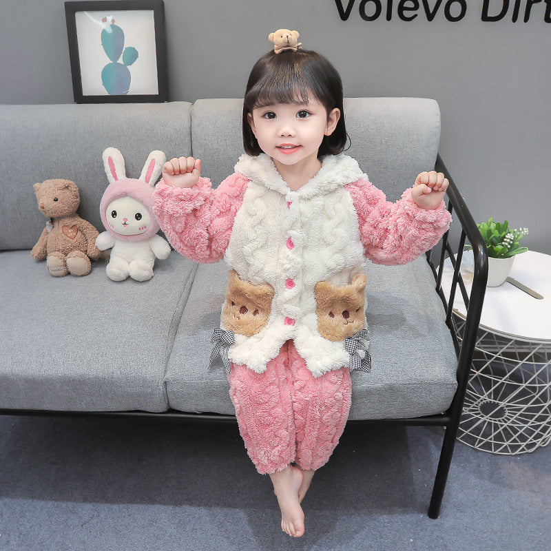 Cute boys' and girls' fall/winter fleece-lined thickened coral fleece casual warm pajamas kids' loungewear two-piece set