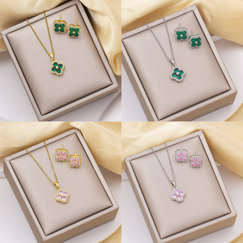 [copper inlaid with zirconium] necklace for women, long four-leaf clover pendant earrings, light luxury high-end titanium steel popular clavicle chain jewelry