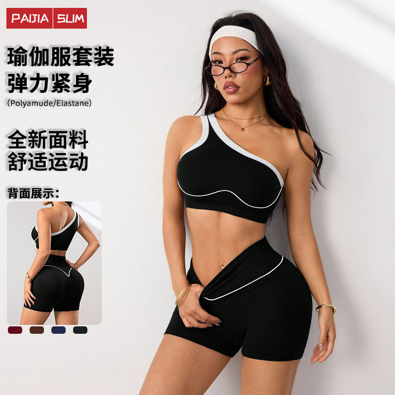 Seamless knit yoga set - cross-border single shoulder tank top & shorts - women's summer fitness stretch activewear set