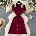Korean style commute lapel short sleeve knitted dress - women's summer minimalist letter print waist-cinching slimming elegant a-line dress