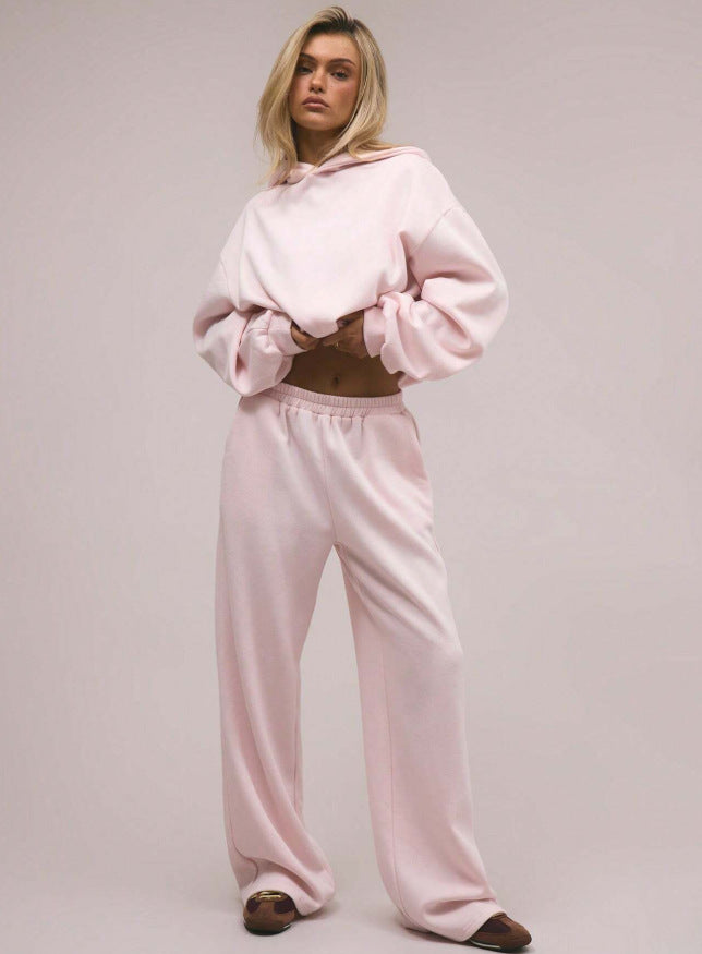 fashion light pink hooded sweatshirt suitloose drop shoulder drawstring wide leg sweatpants two-piece set