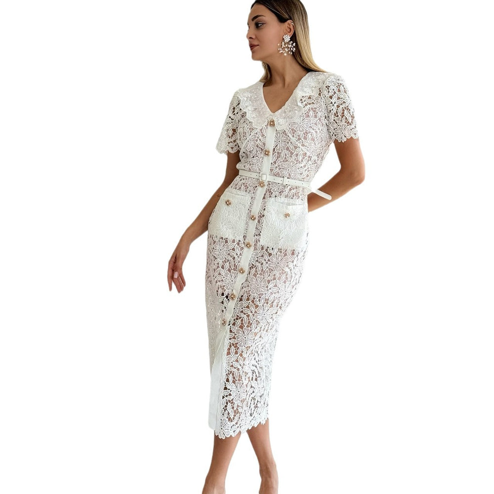 Elegant chanel-inspired summer dress for women - sweetheart style with peter pan collar, short sleeves, beaded single-breasted closure, slim fit, and lace crochet detailing