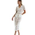 Elegant chanel-inspired summer dress for women - sweetheart style with peter pan collar, short sleeves, beaded single-breasted closure, slim fit, and lace crochet detailing