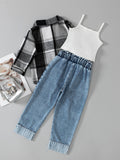 New arrivalautum cross-border girl's woolen lapel shirt suspender denim vest heavy washing water worker jeans three-piece set