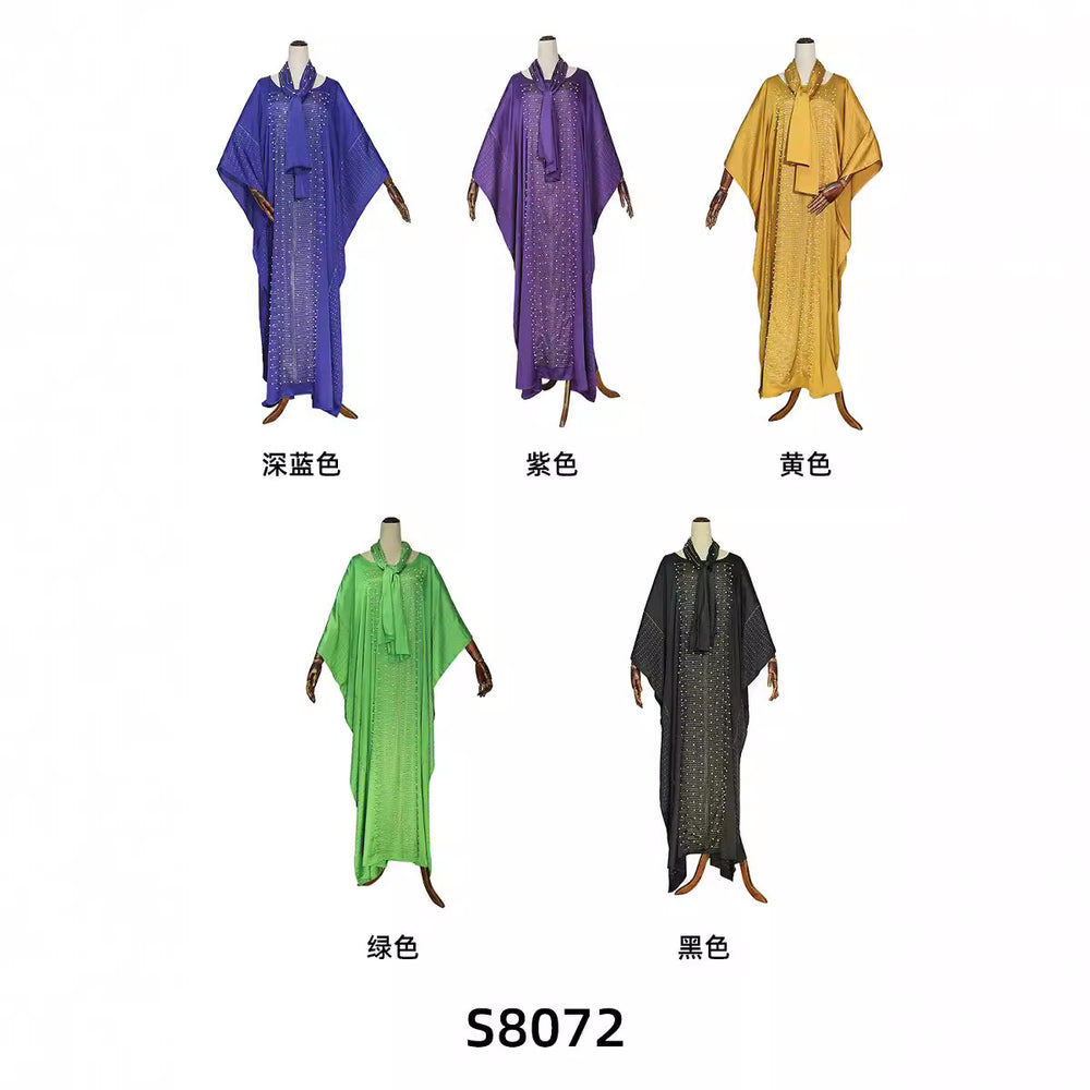 african plus size women's clothing heavy industry hot diamond beading silk satin round neck wide bat sleeve robe matching headscarf