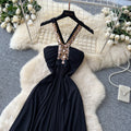 Accessible luxury diamond halter pure desire style dress women's summer black v neck waist slimming look large swing long skirt vacation style