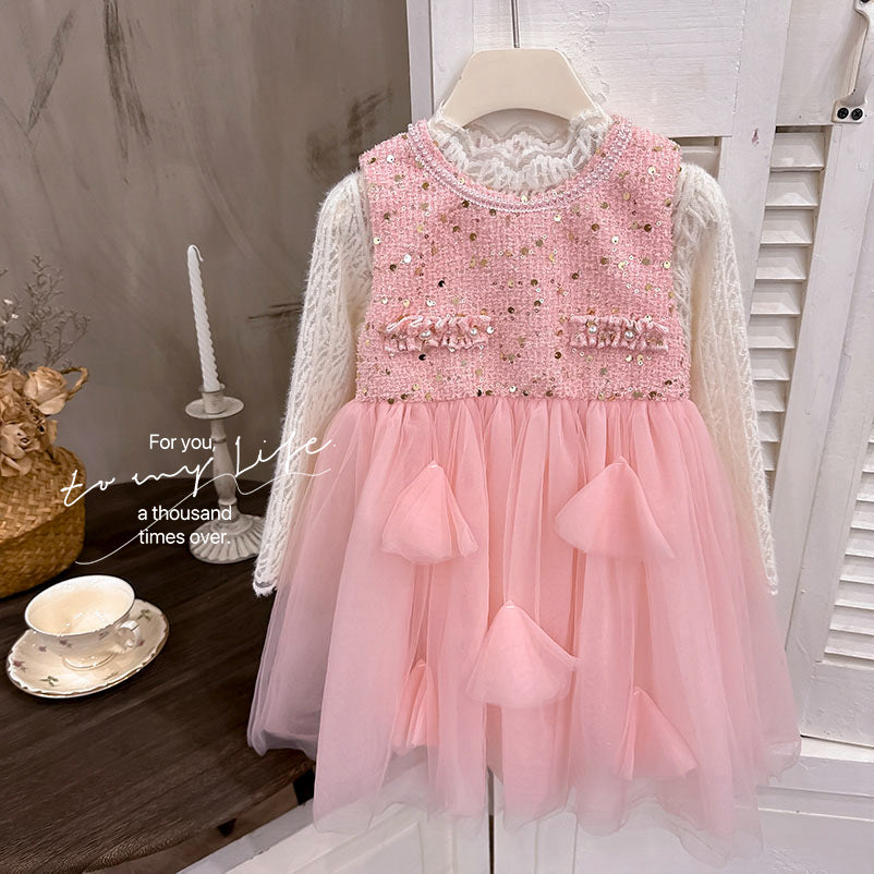 Girls' dress -  autumn new arrival: high-end starry sky sparkle princess dress with lace top, vest, and tutu skirt - trendy style