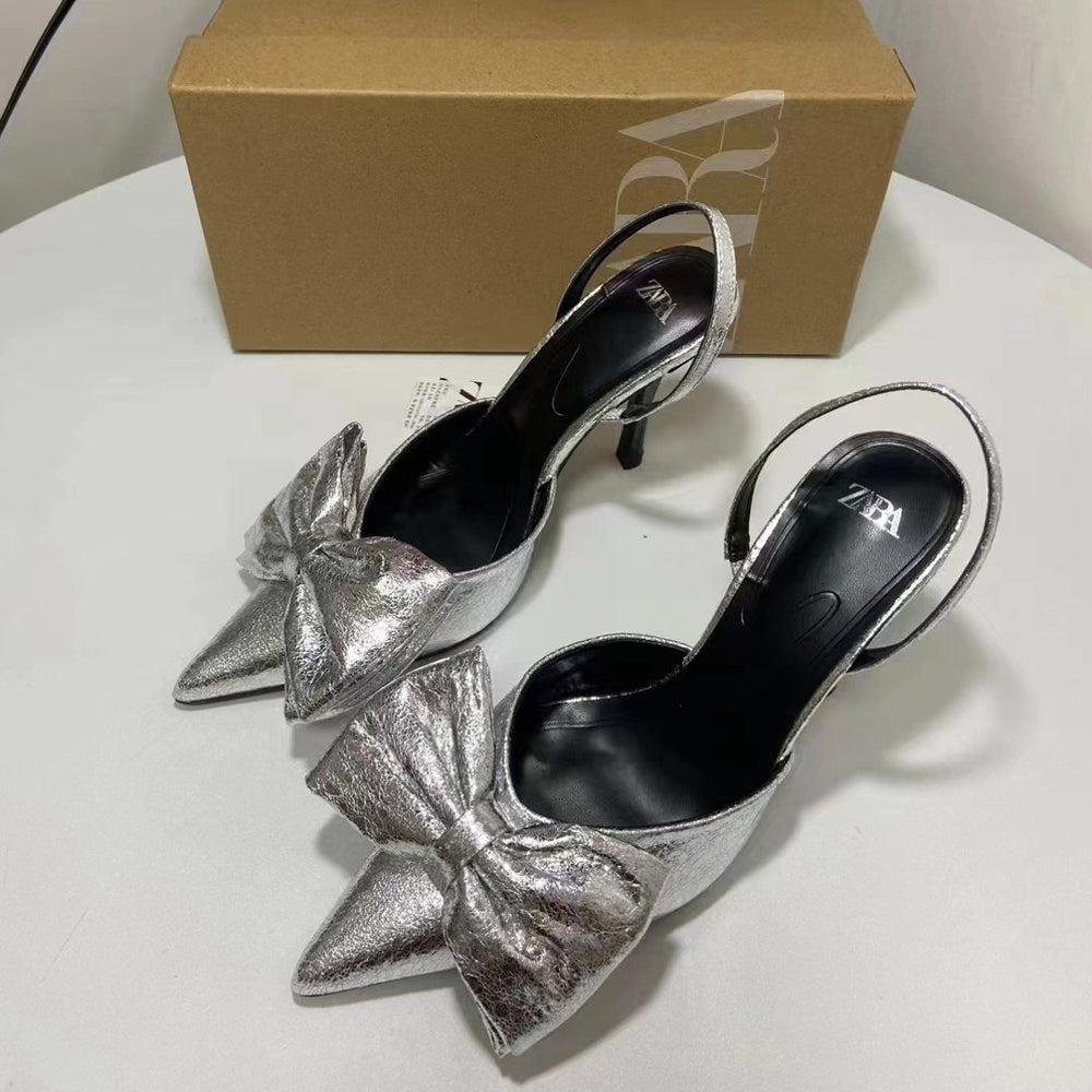 2024za new spanish trendy brand silver pointed-toe bow heels with metallic crackle detail and slingback stiletto heels for women