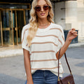 European and american new striped knit crewneck pullover -   european and american fashion color block drop shoulder short sleeve sweater for women